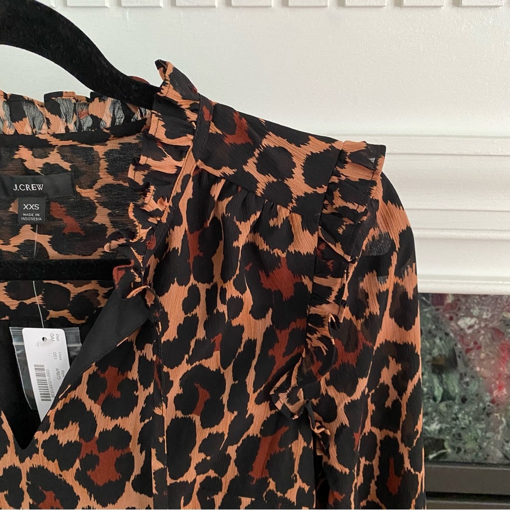 J. Crew Tie-Neck Dress in Leopard Crinkle Chiffon, size XXS, NWT - Picture 12 of 16